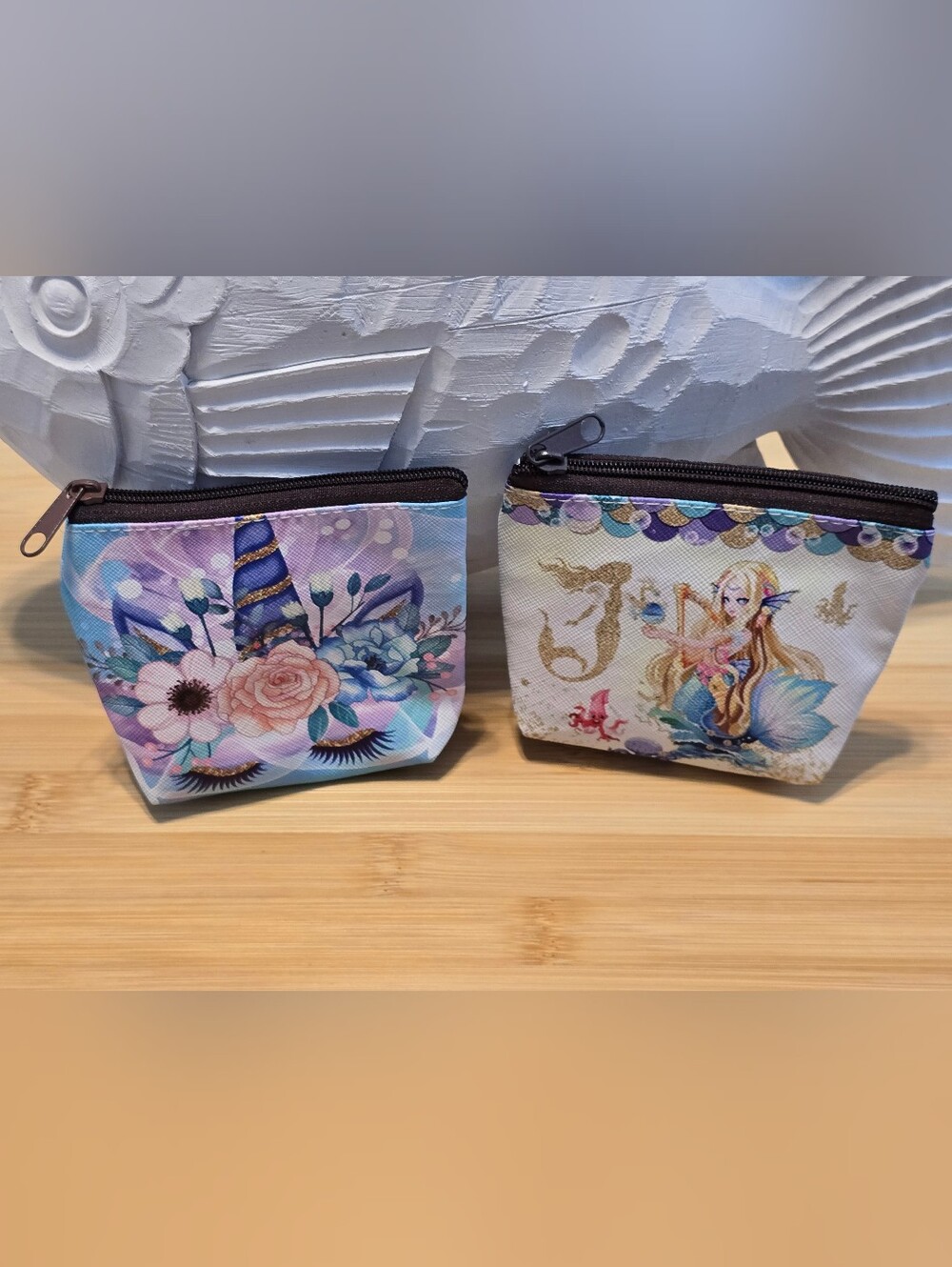 Set of 2 Floral Unicorn and Fantasy Mermaid Mini Coin Purses Zipper Pouches Bran